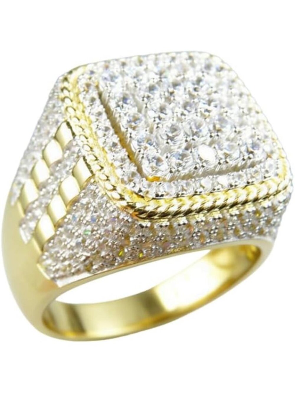 Gold Hip Hop Iced Out CZ Simulated Full Diamond Ring 14K Plated Cubic Zirconia
